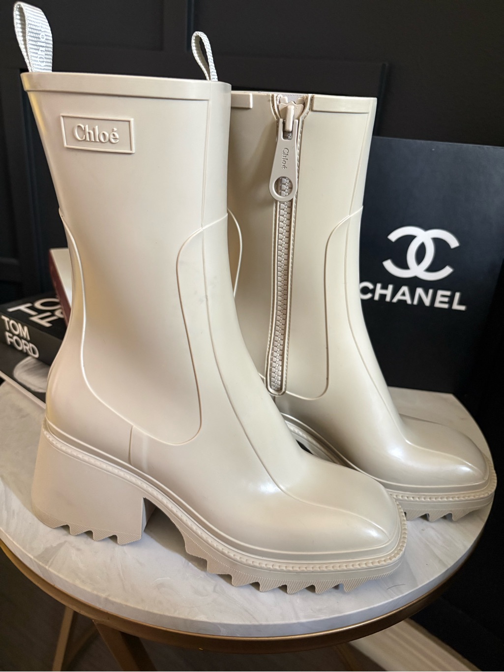 Chloeâ Women's Cream Zip Platform Rain Boots